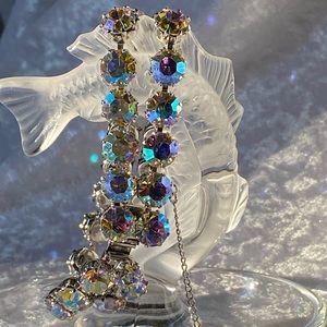 Vintage JO-LE' Signed Aurora Borealis Rhinestone Silver Finish Bracelet 7"